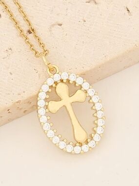 Gold Cross Oval Pendant Necklace with Crystal Accent